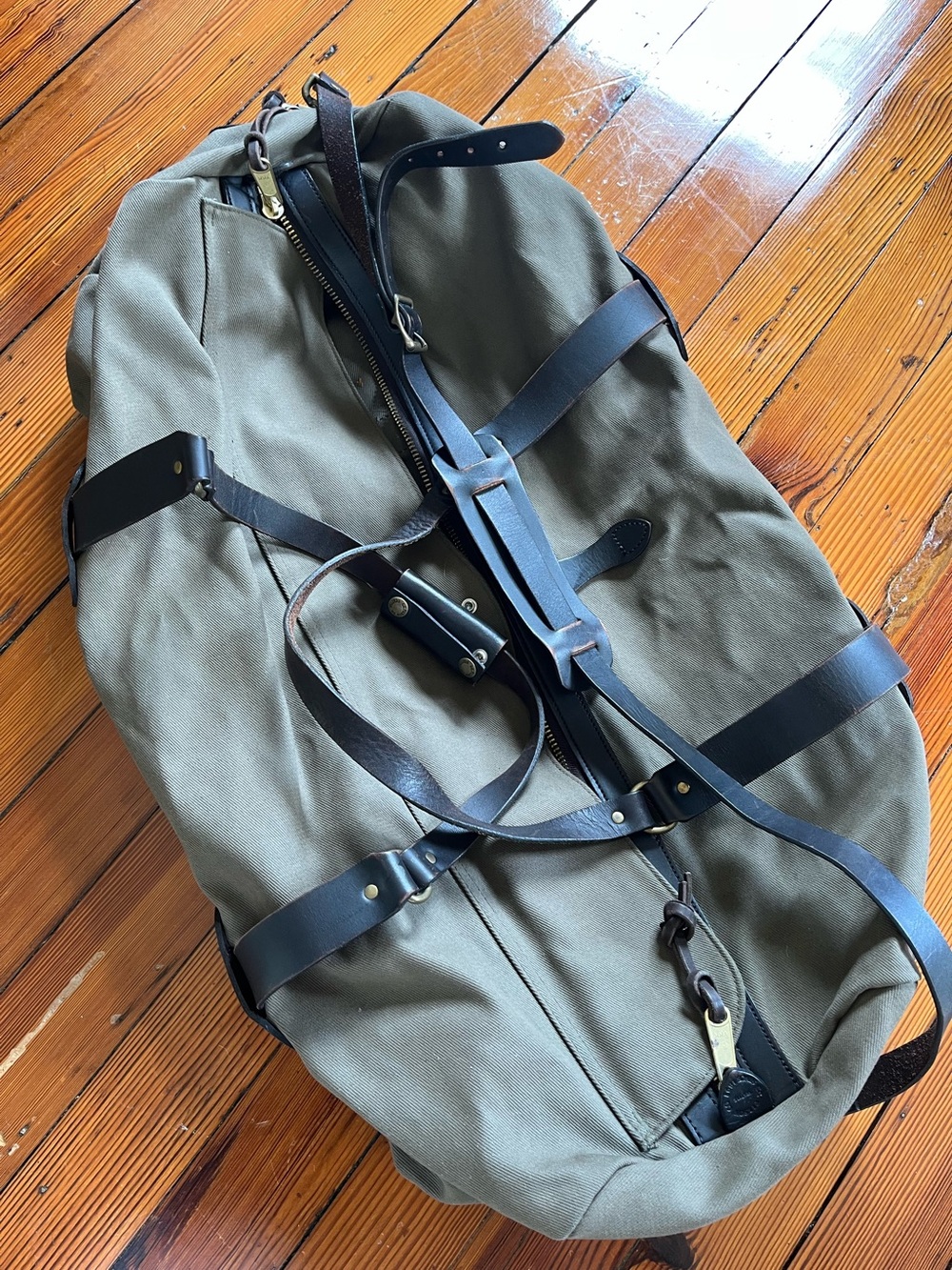 Filson Olive Canvas Duffel with Dark Brown Leather Straps